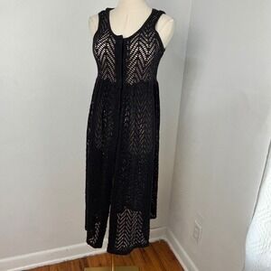 Black Crochet Knit Button-Front Midi Dress Boho Dark Cottagecore Duster Women M
